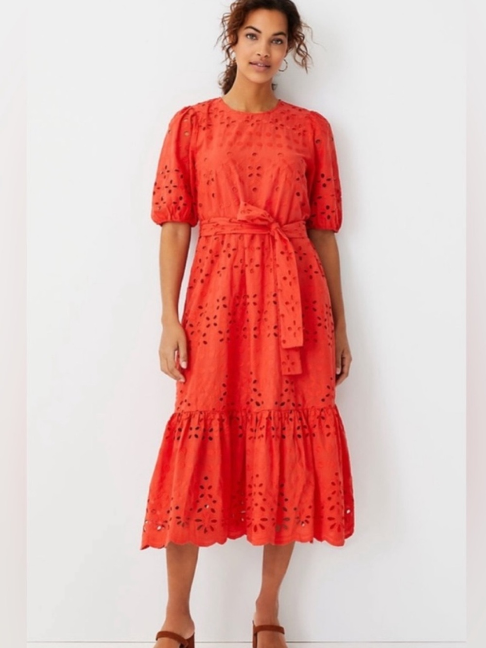Ann Taylor Coral Cotton Eyelet Spring Summer Midi Dress with Waist Tie